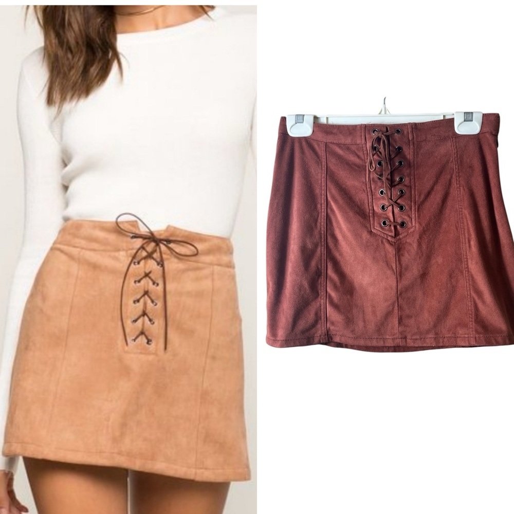 Forever 21 Lace-Up Faux Suede Mini Skirt Rust Brown Size 27 Western Cowgirl Fall